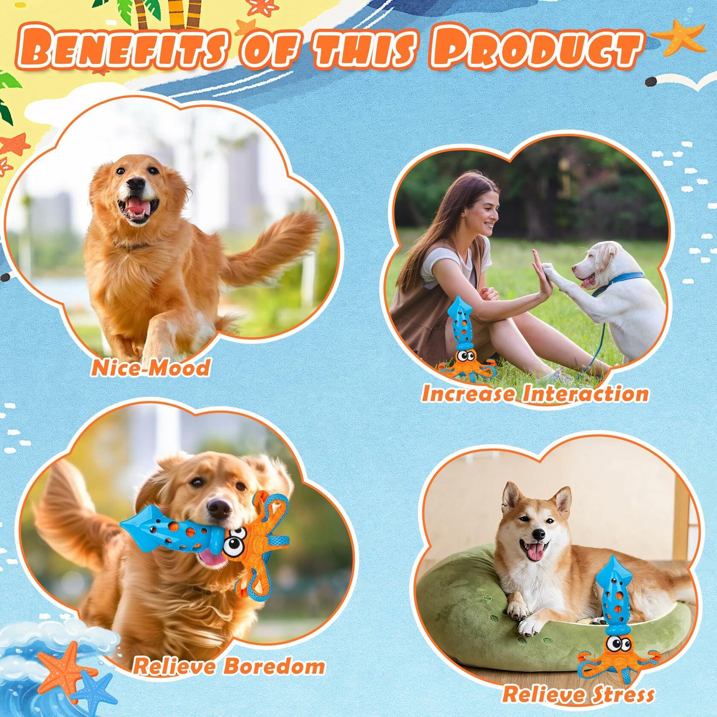 Qonline Squid Shaped Squeaky Dog Toy TPR Material Orange Interactive Play