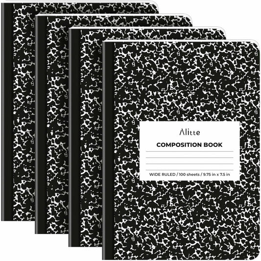 [Like New] Alitte Composition Notebooks 4-Pack Wide Ruled 9.75x7.5 Black Marble