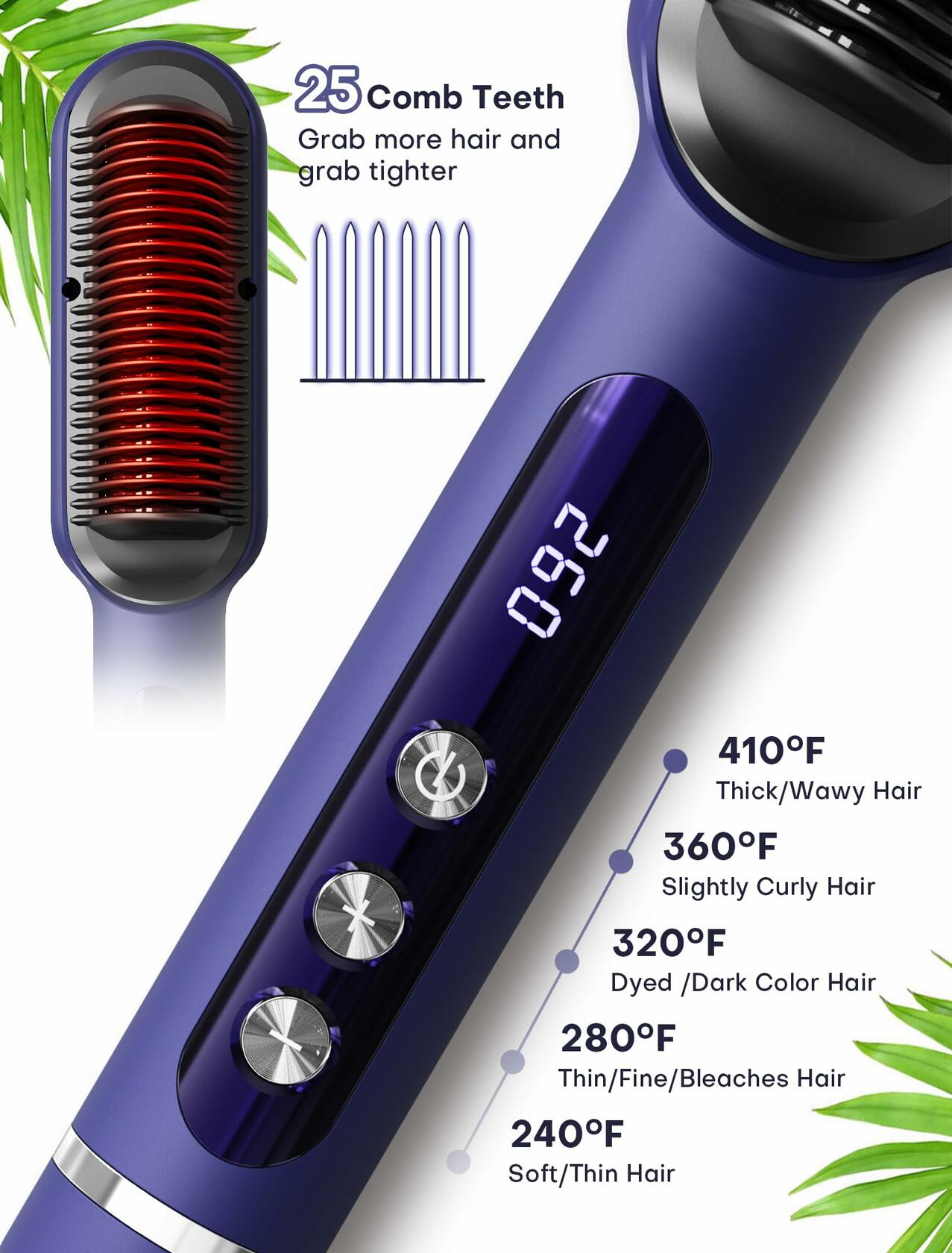 RakRlek Handor Ionic Hair Straightener Brush 9 Temp Settings Fast Heating Blue