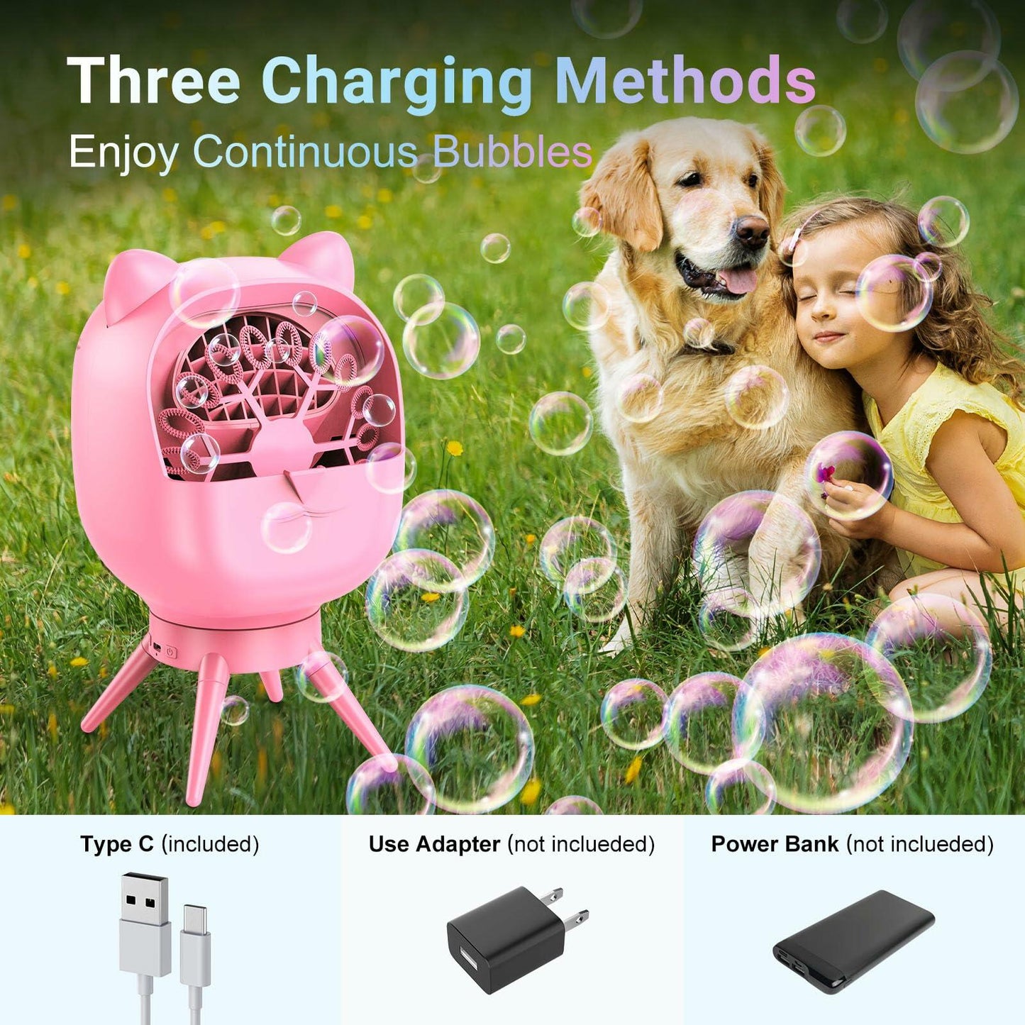 [Like New] UckPure Automatic Bubble Machine Rechargeable Rotatable Pink 38000+ Bubbles/Min