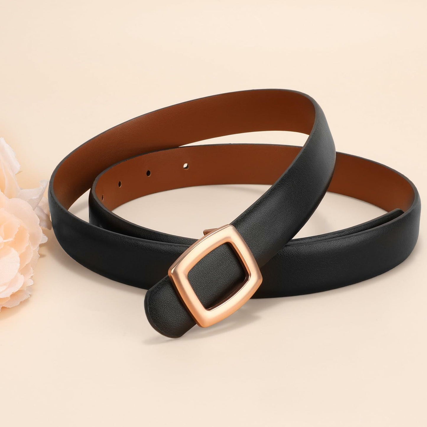 WOWOGO Women Reversible Waist Belt Black/Brown Gold Square Buckle Size 41"-45"