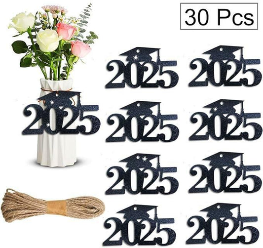30pcs 2025 Graduation Cutouts Tags Glitter Gold Black Table Decorations