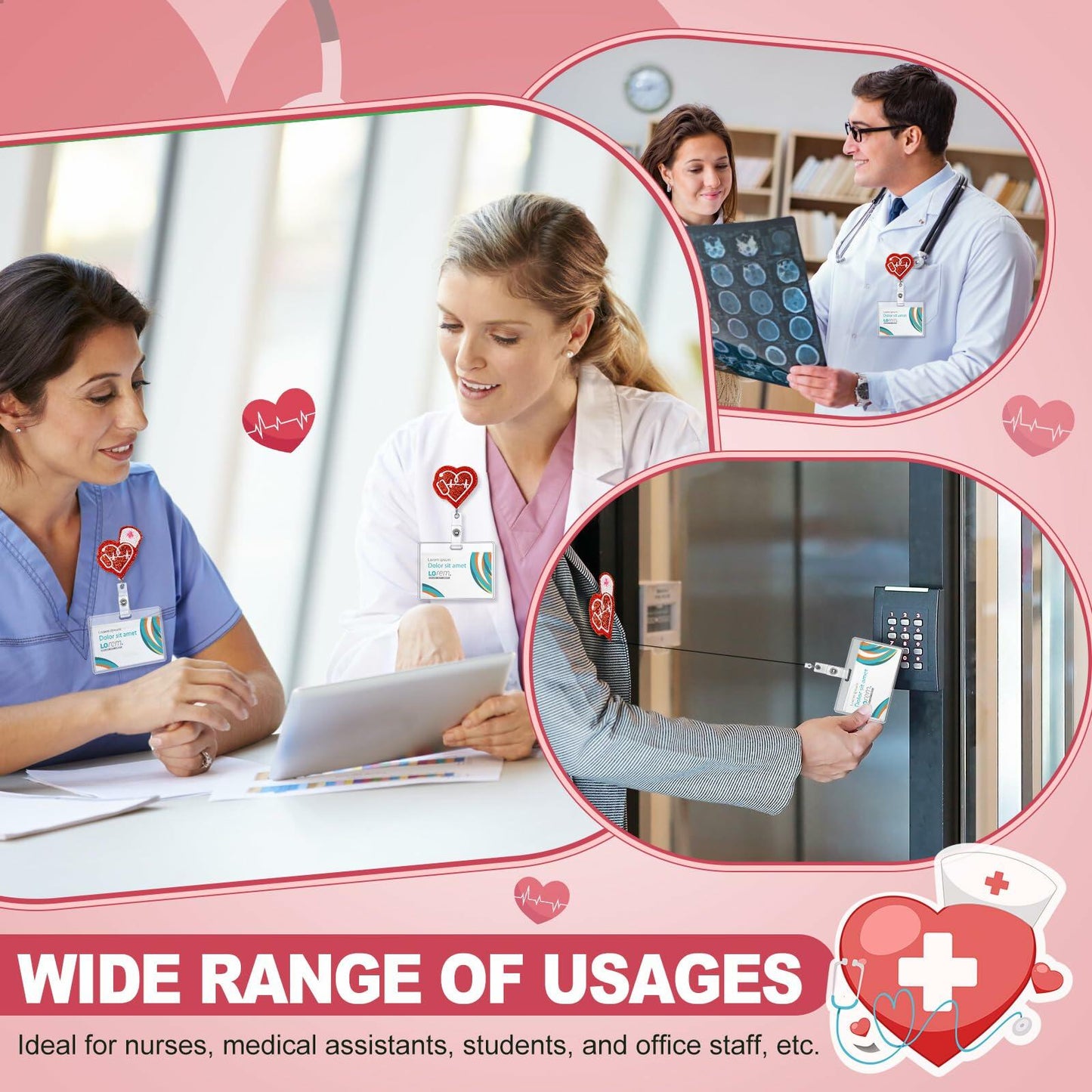 Skyygemm 12 Pcs Nurse Badge Reels Felt Heart Red Retractable Alligator Clip