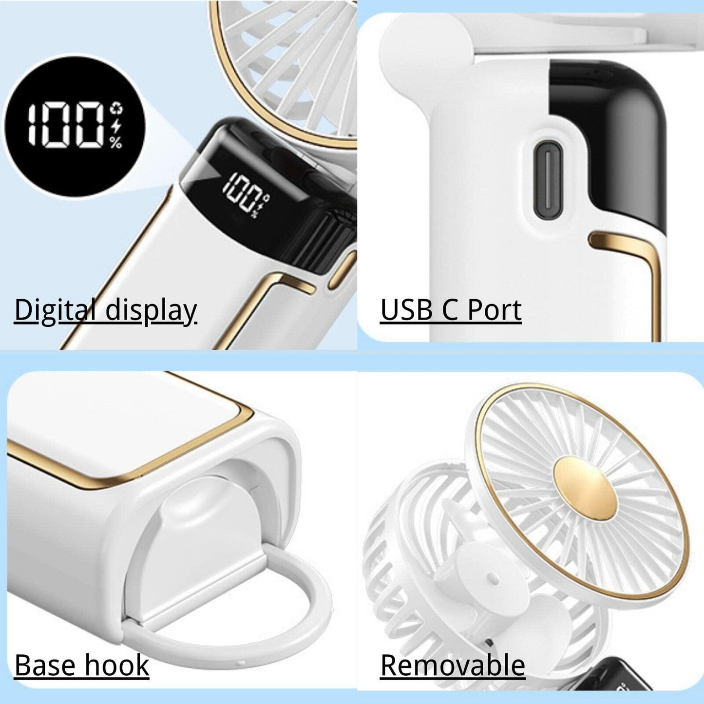 Roloxye Portable Handheld Fan 6000mAh 5 Speeds Digital Display White Foldable