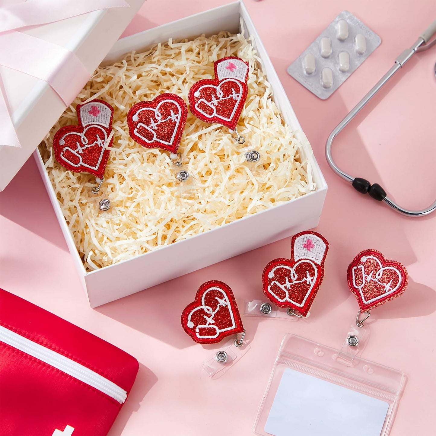 Skyygemm 12 Pcs Nurse Badge Reels Felt Heart Red Retractable Alligator Clip