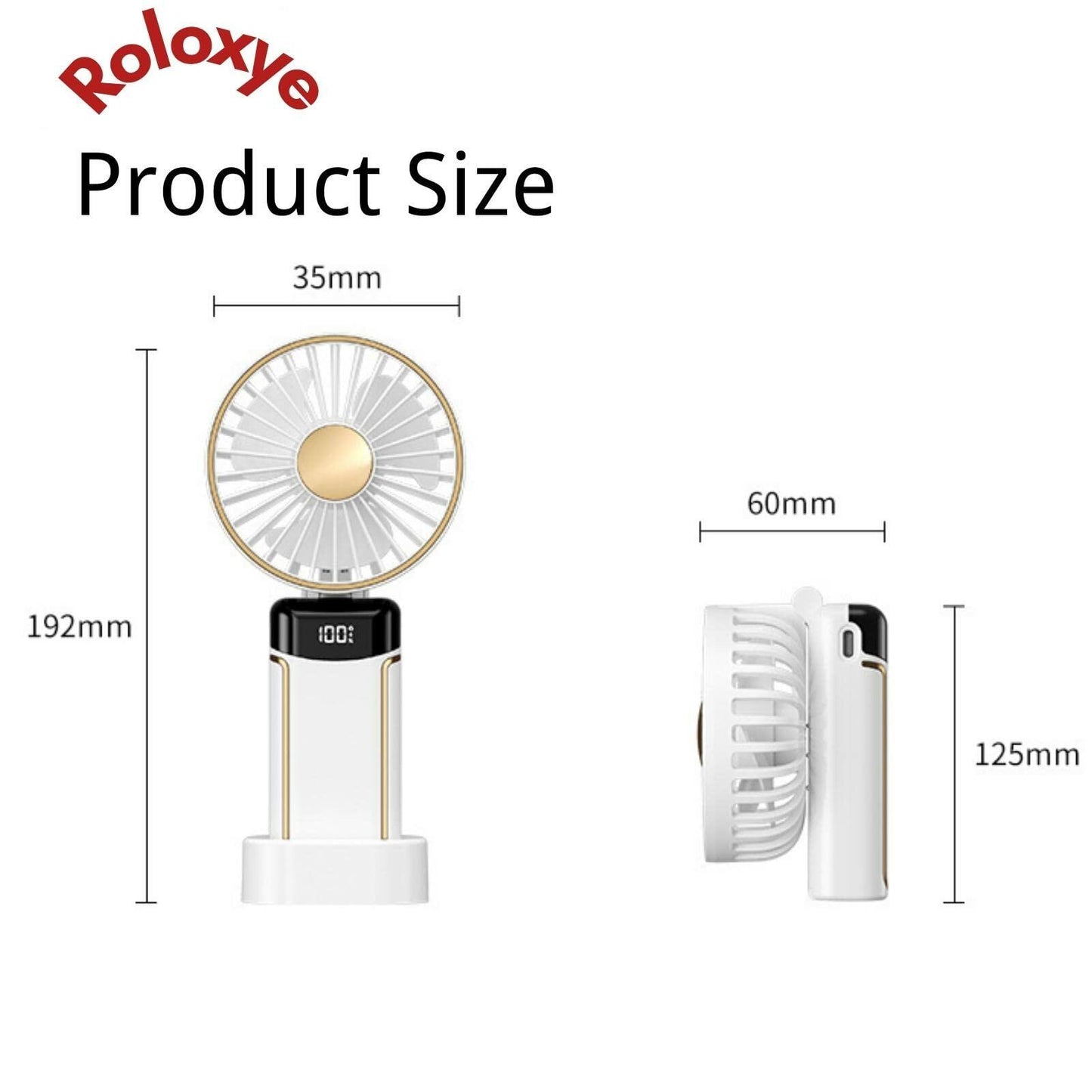 Roloxye Portable Handheld Fan 6000mAh 5 Speeds Digital Display White Foldable