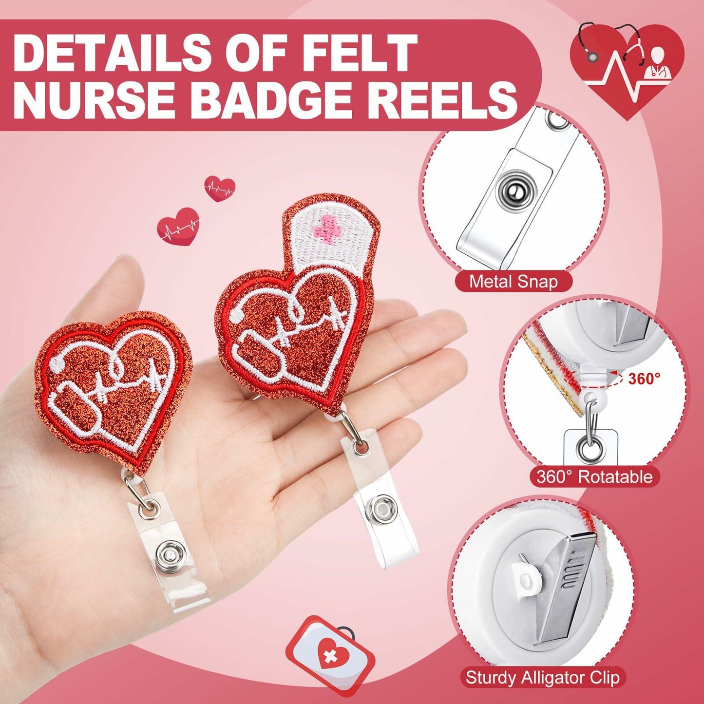 Skyygemm 12 Pcs Nurse Badge Reels Felt Heart Red Retractable Alligator Clip