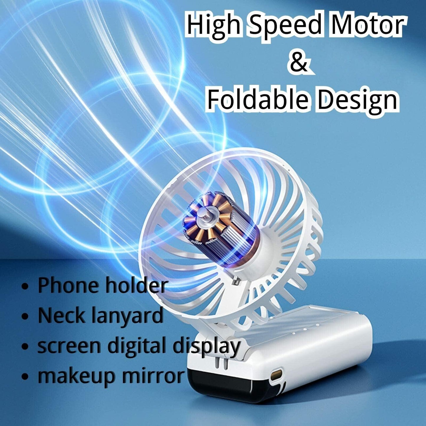 Roloxye Portable Handheld Fan 6000mAh 5 Speeds Digital Display White Foldable