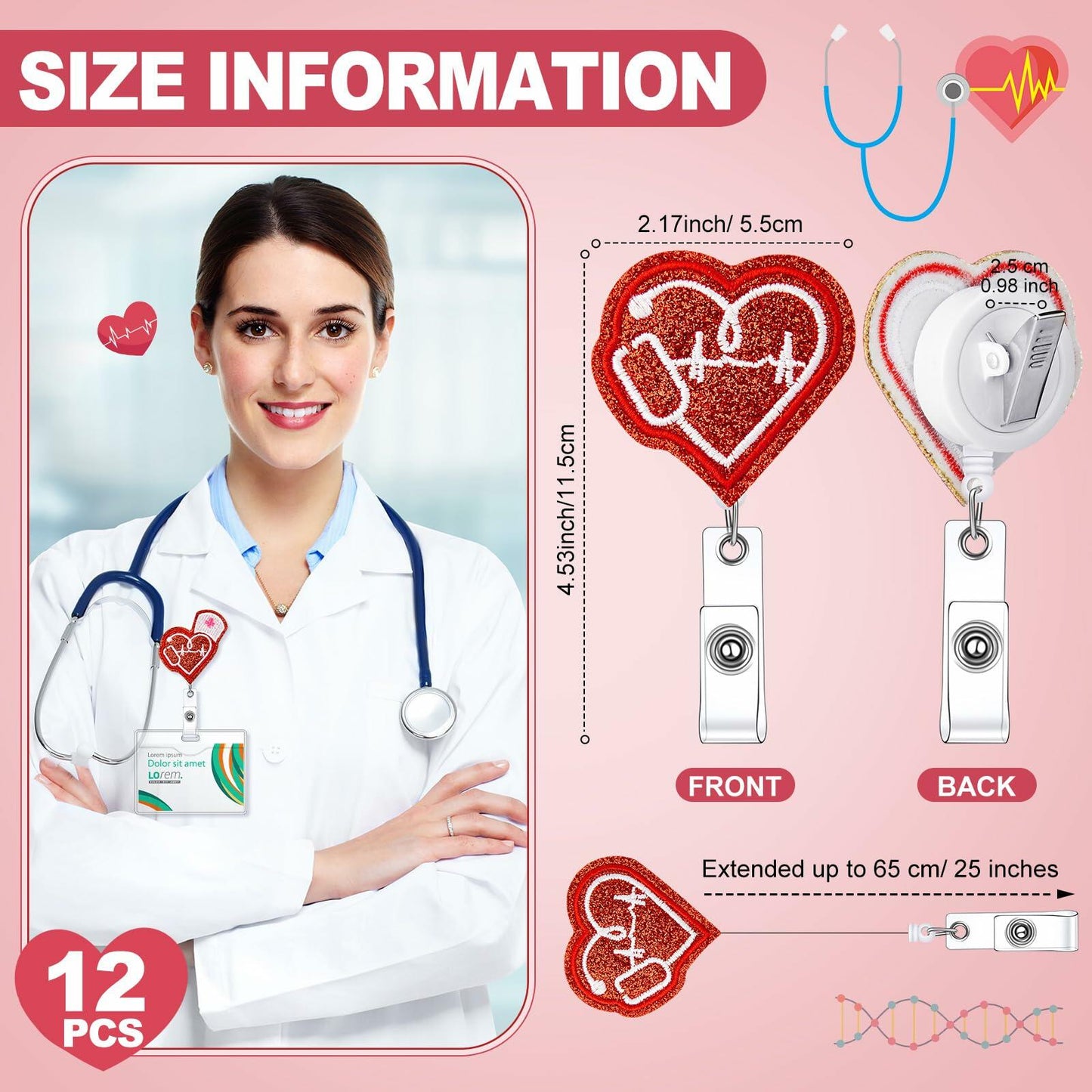 Skyygemm 12 Pcs Nurse Badge Reels Felt Heart Red Retractable Alligator Clip