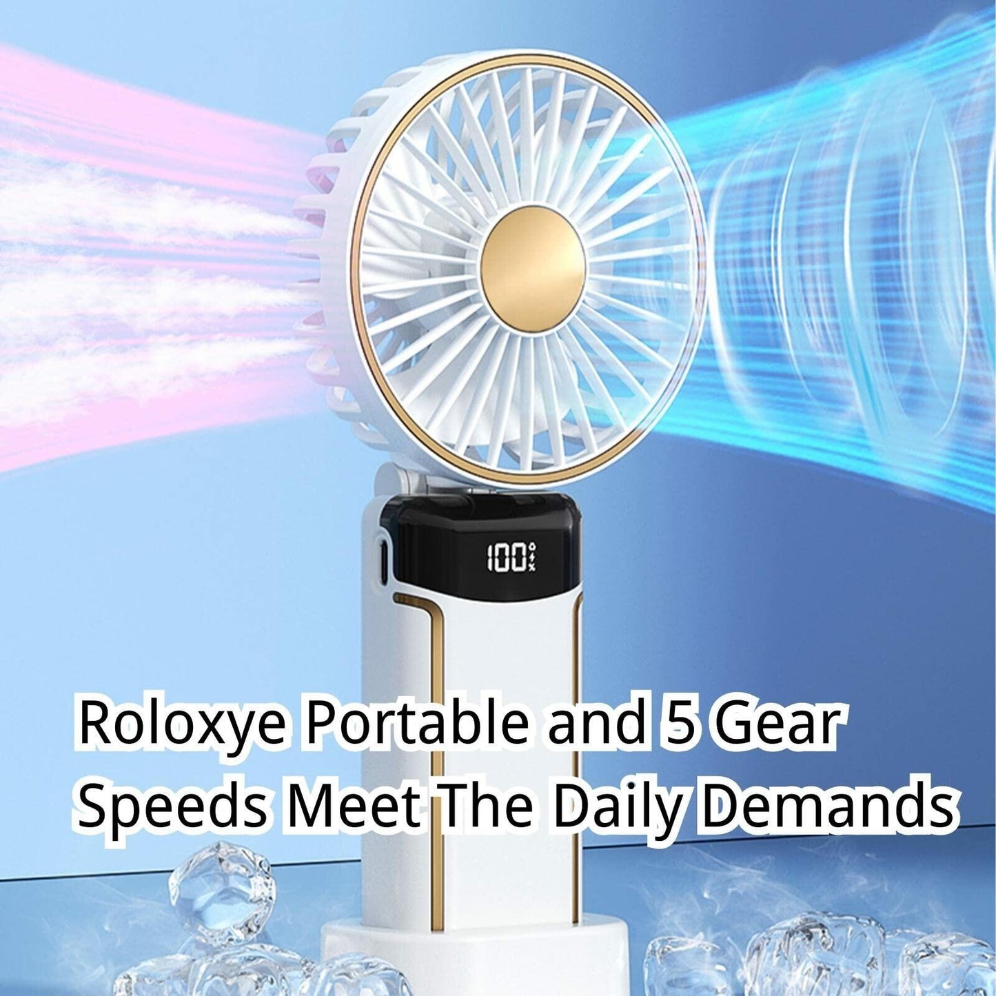 Roloxye Portable Handheld Fan 6000mAh 5 Speeds Digital Display White Foldable