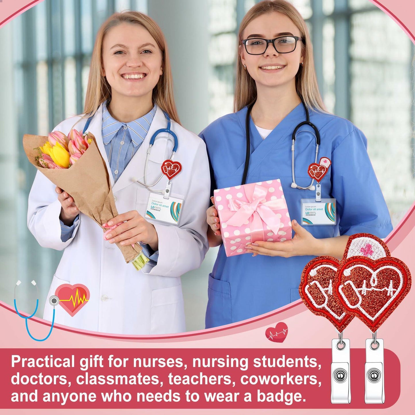 Skyygemm 12 Pcs Nurse Badge Reels Felt Heart Red Retractable Alligator Clip