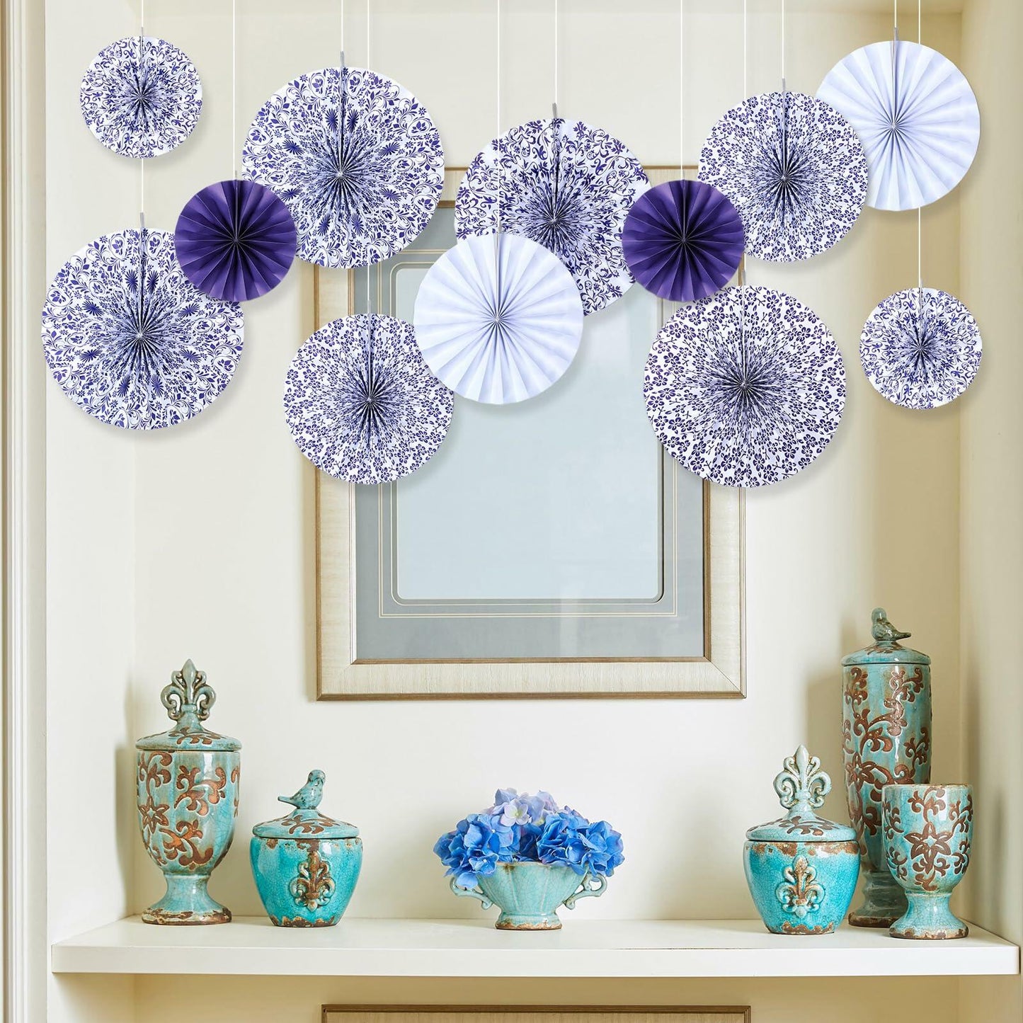 Wonderjune Chinoiserie Hanging Paper Fans Blue White 12 Pcs Party Decor