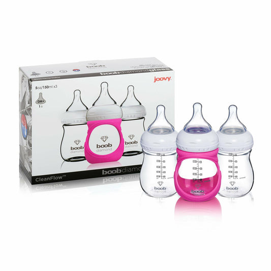JOOVY Boob Diamond Glass Baby Bottles 5oz 3 Piece Pink Sleeve 1.21lbs