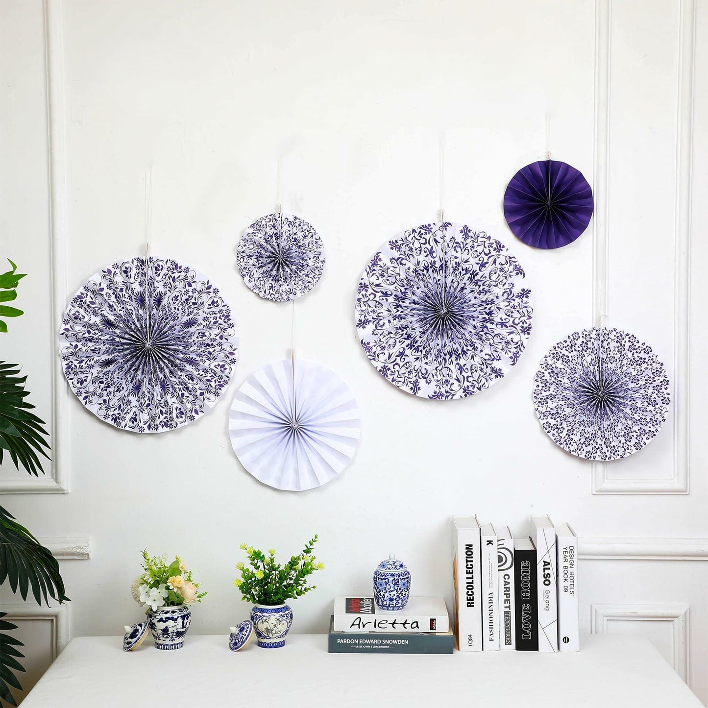 Wonderjune Chinoiserie Hanging Paper Fans Blue White 12 Pcs Party Decor