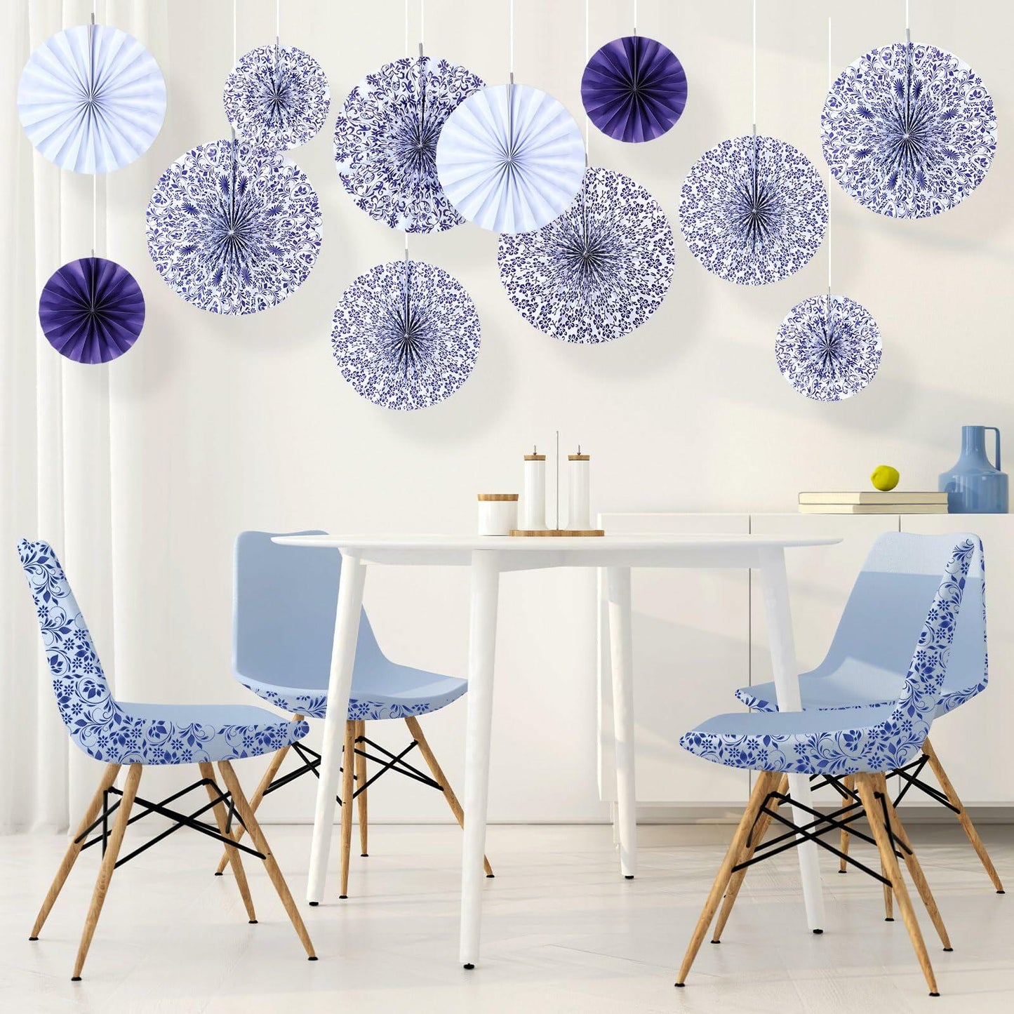 Wonderjune Chinoiserie Hanging Paper Fans Blue White 12 Pcs Party Decor
