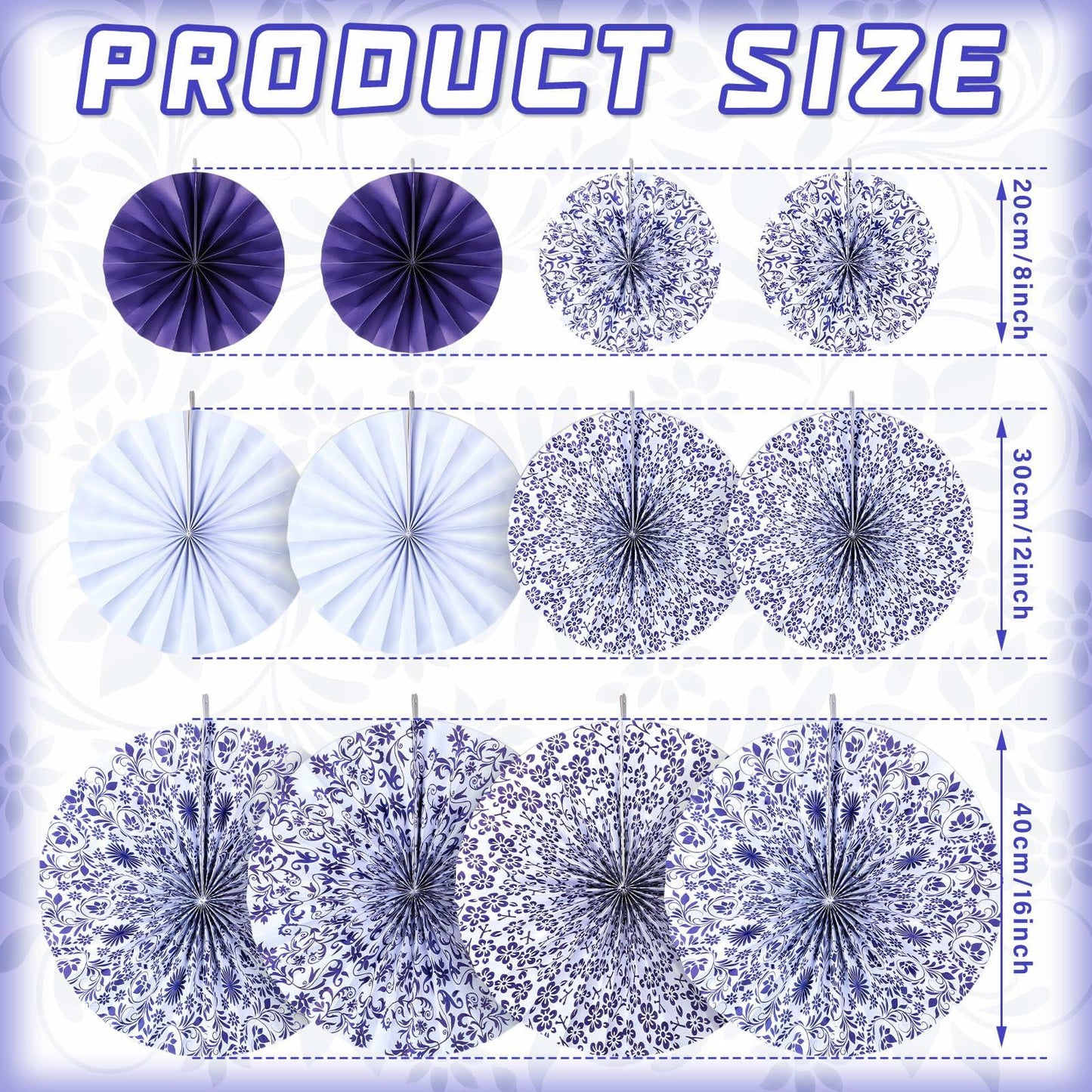 Wonderjune Chinoiserie Hanging Paper Fans Blue White 12 Pcs Party Decor