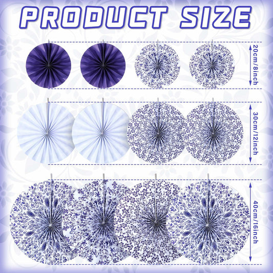 Wonderjune Chinoiserie Hanging Paper Fans Blue White 12 Pcs Party Decor