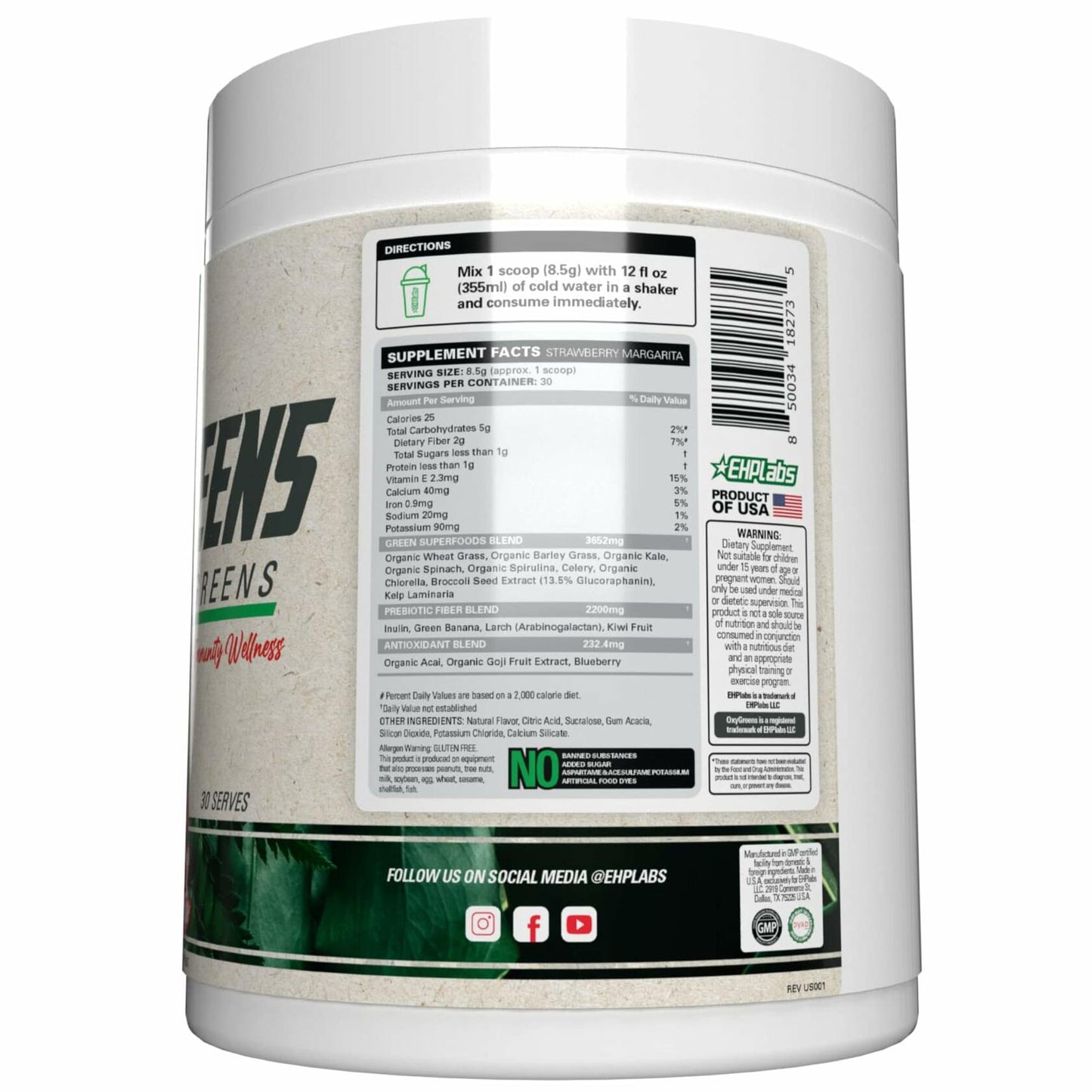 BestBy10/25 EHP Labs OxyGreens Super Greens Powder 30 Serve Strawberry Margarita