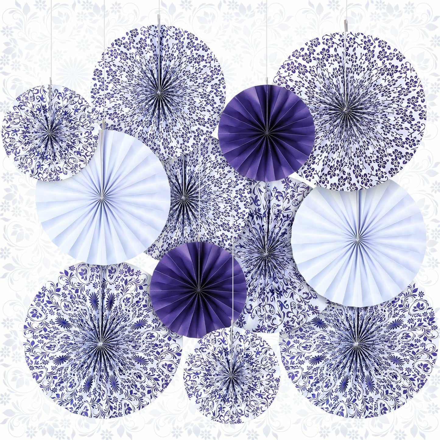 Wonderjune Chinoiserie Hanging Paper Fans Blue White 12 Pcs Party Decor