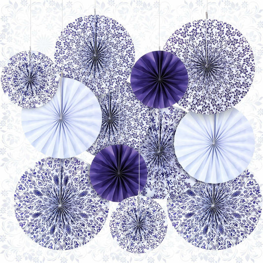 Wonderjune Chinoiserie Hanging Paper Fans Blue White 12 Pcs Party Decor