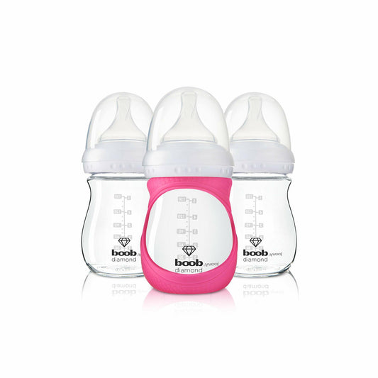 JOOVY Boob Diamond Glass Baby Bottles 5oz 3 Piece Pink Sleeve 1.21lbs