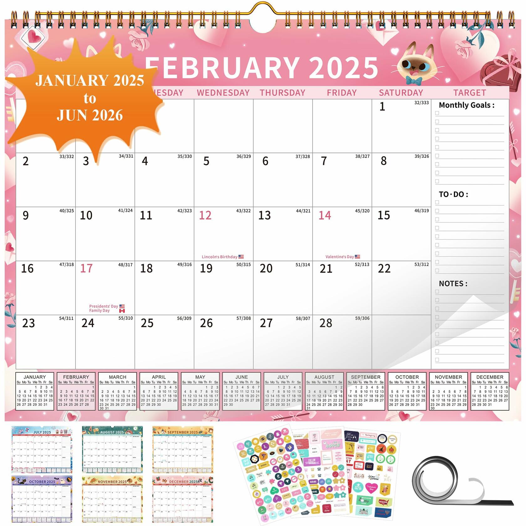 EYROZILL 2025 Wall Calendar Planner Hanging Spiral Bound Magnetic Pet 15x12