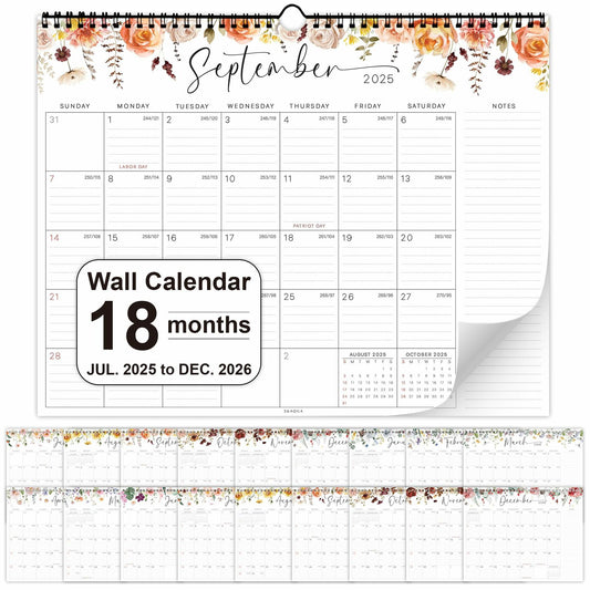 36AQUA Floral Wall Calendar 2025-2026 11x14" 18-Month Thick Paper