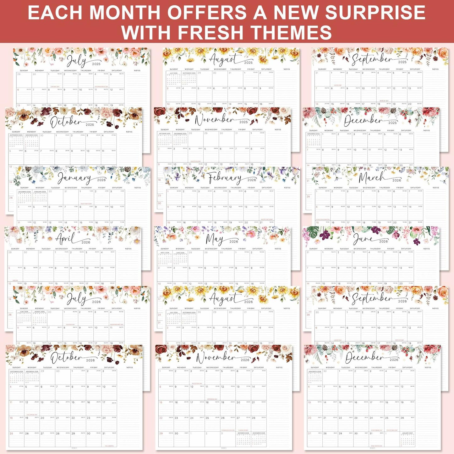 36AQUA Floral Wall Calendar 2025-2026 11x14" 18-Month Thick Paper