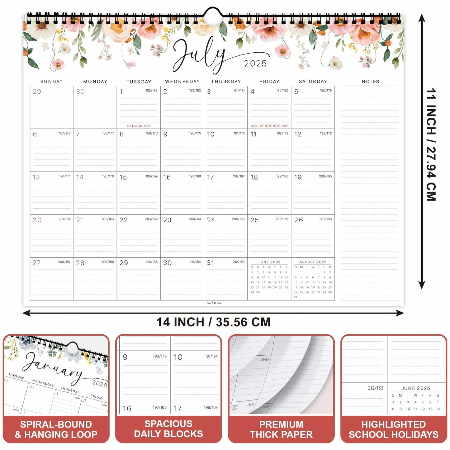 36AQUA Floral Wall Calendar 2025-2026 11x14" 18-Month Thick Paper