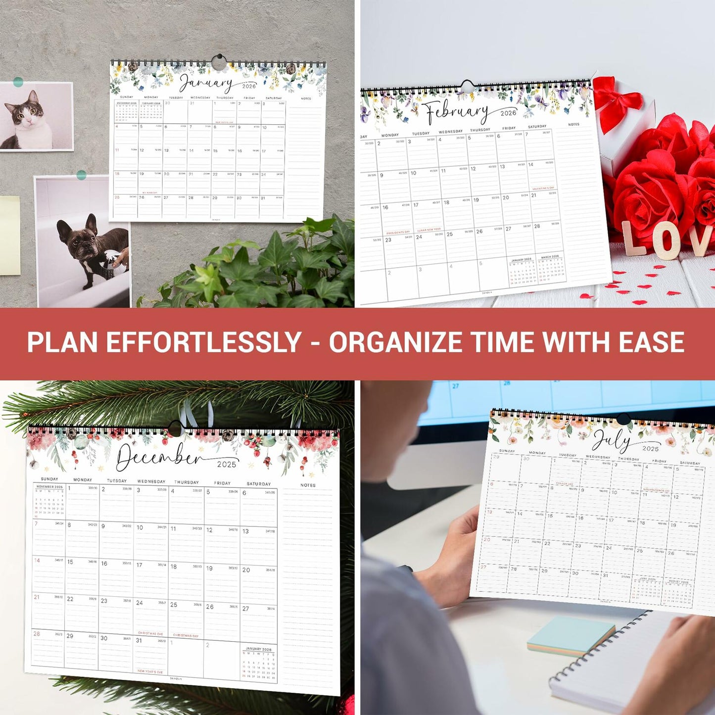 36AQUA Floral Wall Calendar 2025-2026 11x14" 18-Month Thick Paper