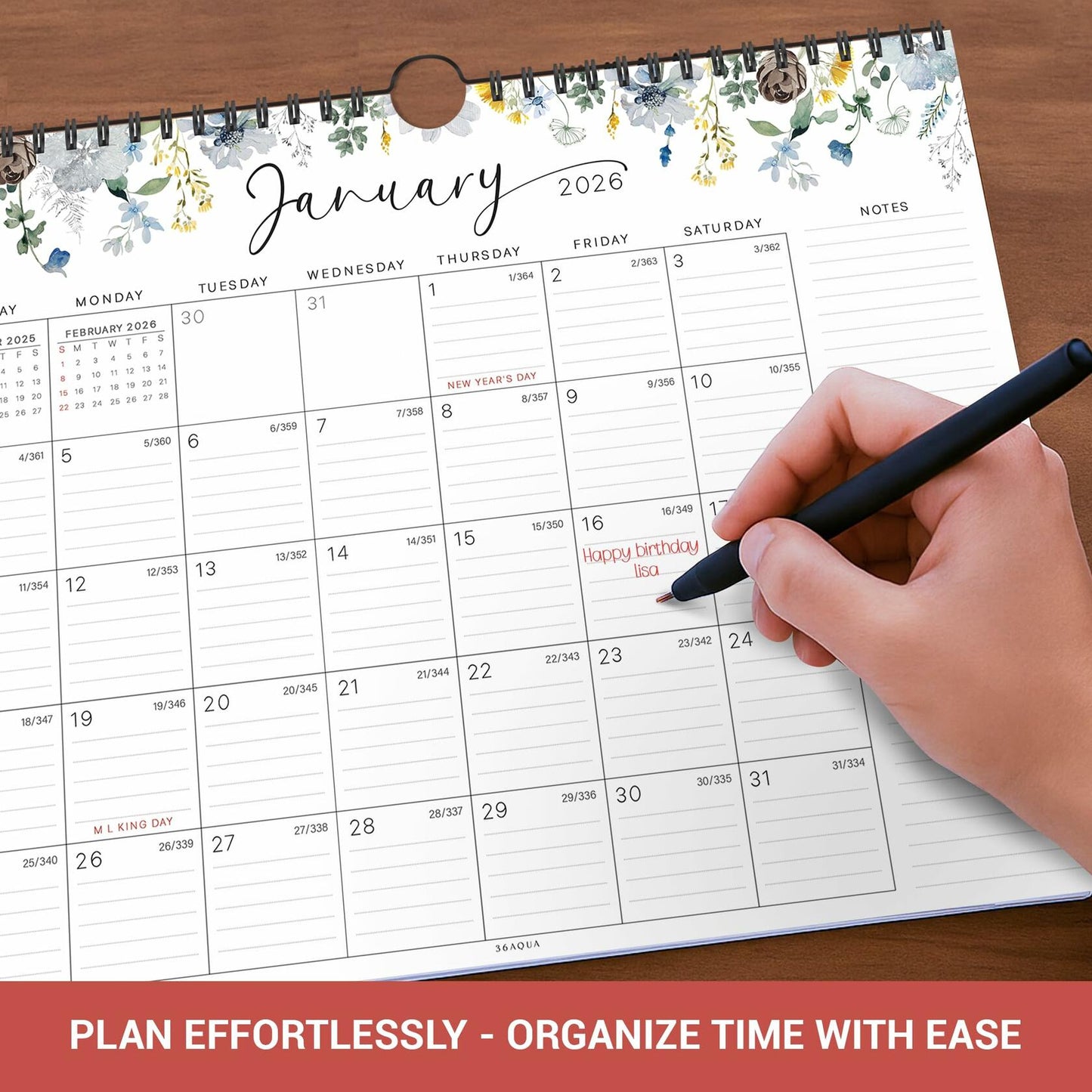 36AQUA Floral Wall Calendar 2025-2026 11x14" 18-Month Thick Paper