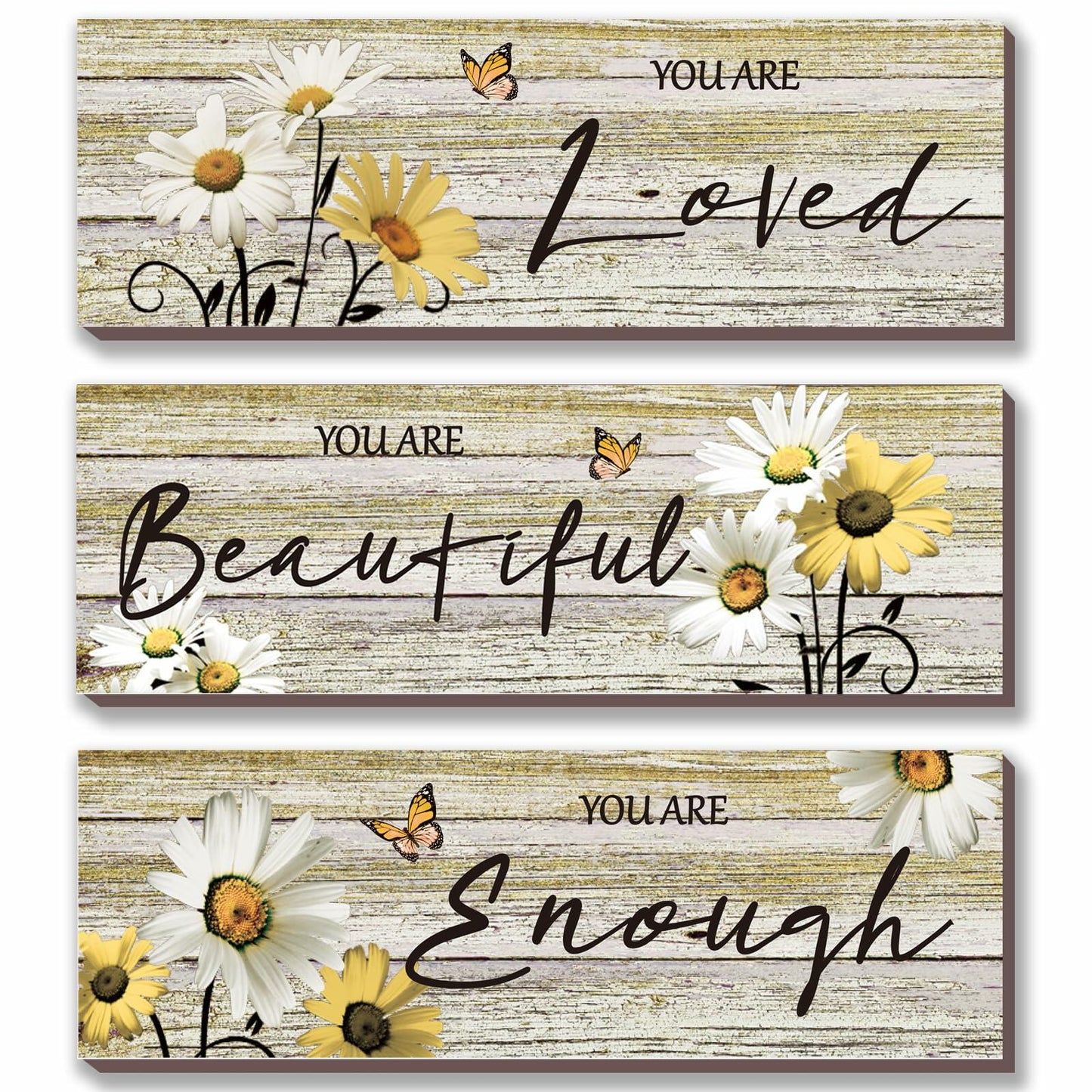 ONIZHITY Yellow Daisy Wooden Wall Decor 3 Pcs Floral Inspirational 12x4