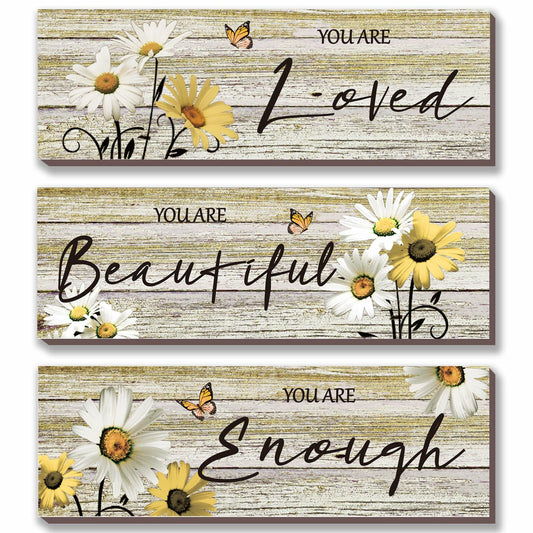 ONIZHITY Yellow Daisy Wooden Wall Decor 3 Pcs Floral Inspirational 12x4