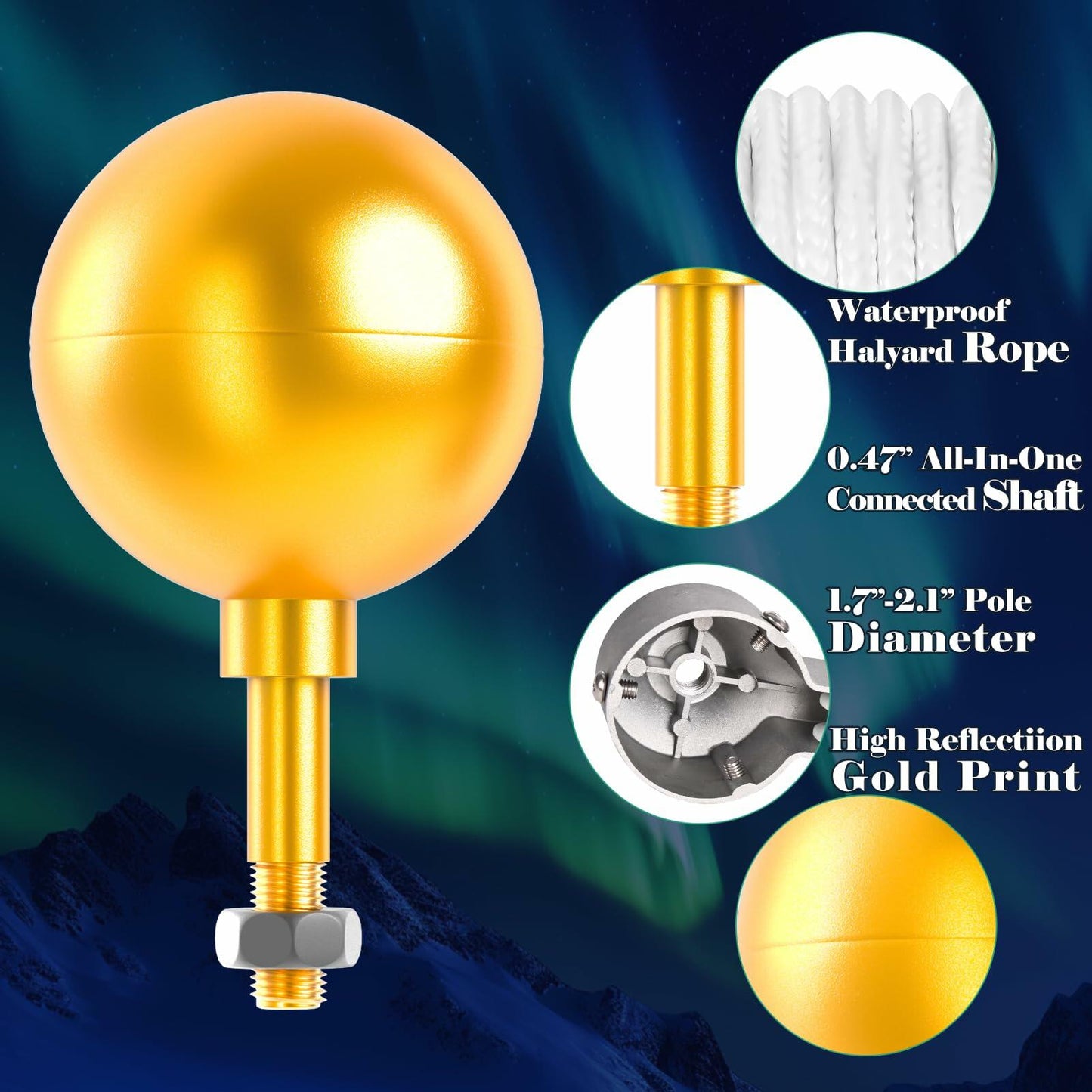 Aurolit Golden Ball Flagpole Topper 3.5" Ornament for 20-30 Ft Poles Gold
