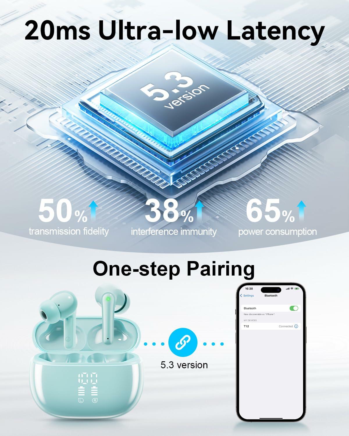 HUIFU Wireless Bluetooth Earbuds 40H Playtime IPX7 Waterproof Mint