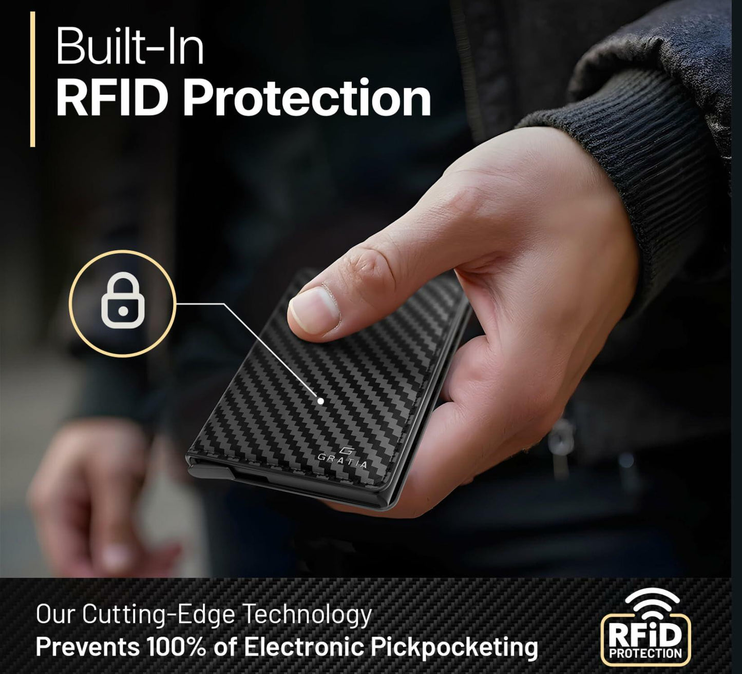 GRATIA NATURALS Slim RFID Wallet for Men, Holds 8 Cards, Carbon