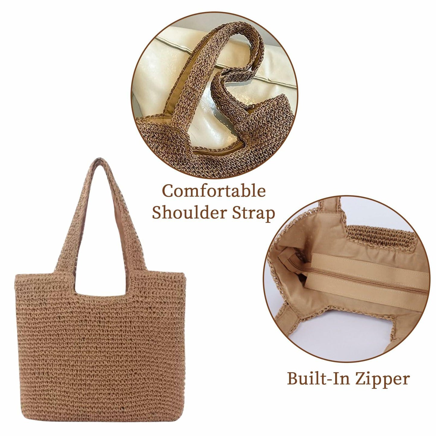 Toguma Straw Tote Handbag Beach Bag for Women Brown 15.75x15.75x3.07