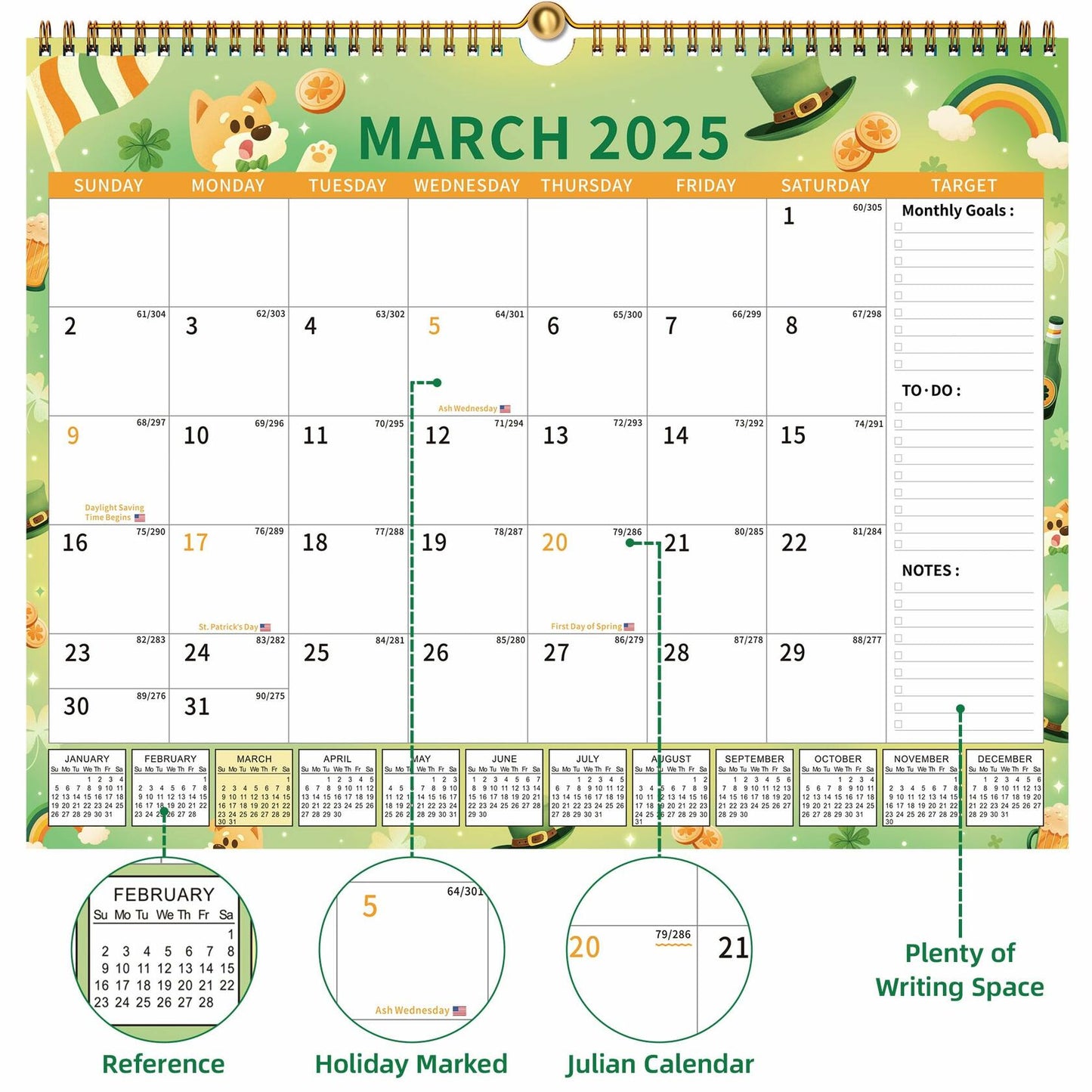 EYROZILL 2025 Wall Calendar Planner Hanging Spiral Bound Magnetic Pet 15x12