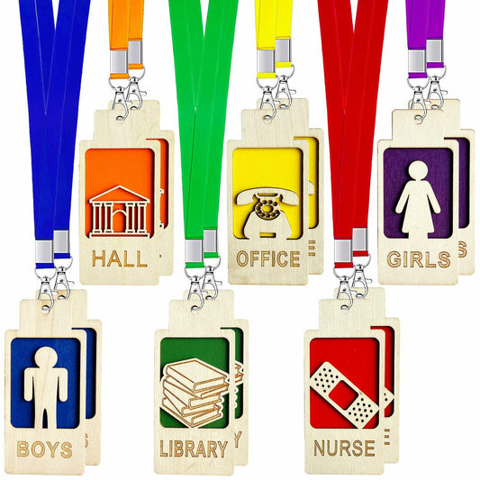 12 Sets Hall Pass Lanyards & Unbreakable Wooden Bathroom Passes Classroom