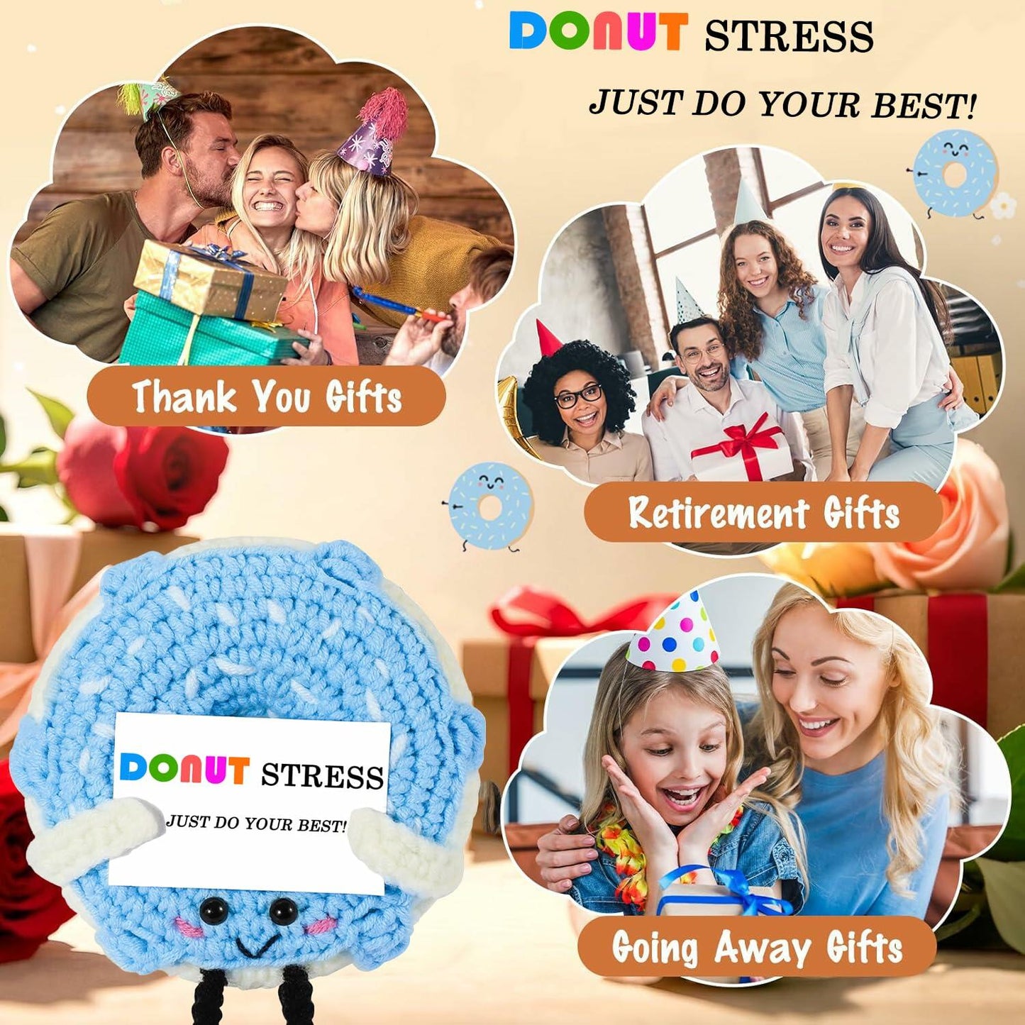 RQWZBCHX Handmade Crochet Donut Stress Toy Pink Cute Motivational Gift