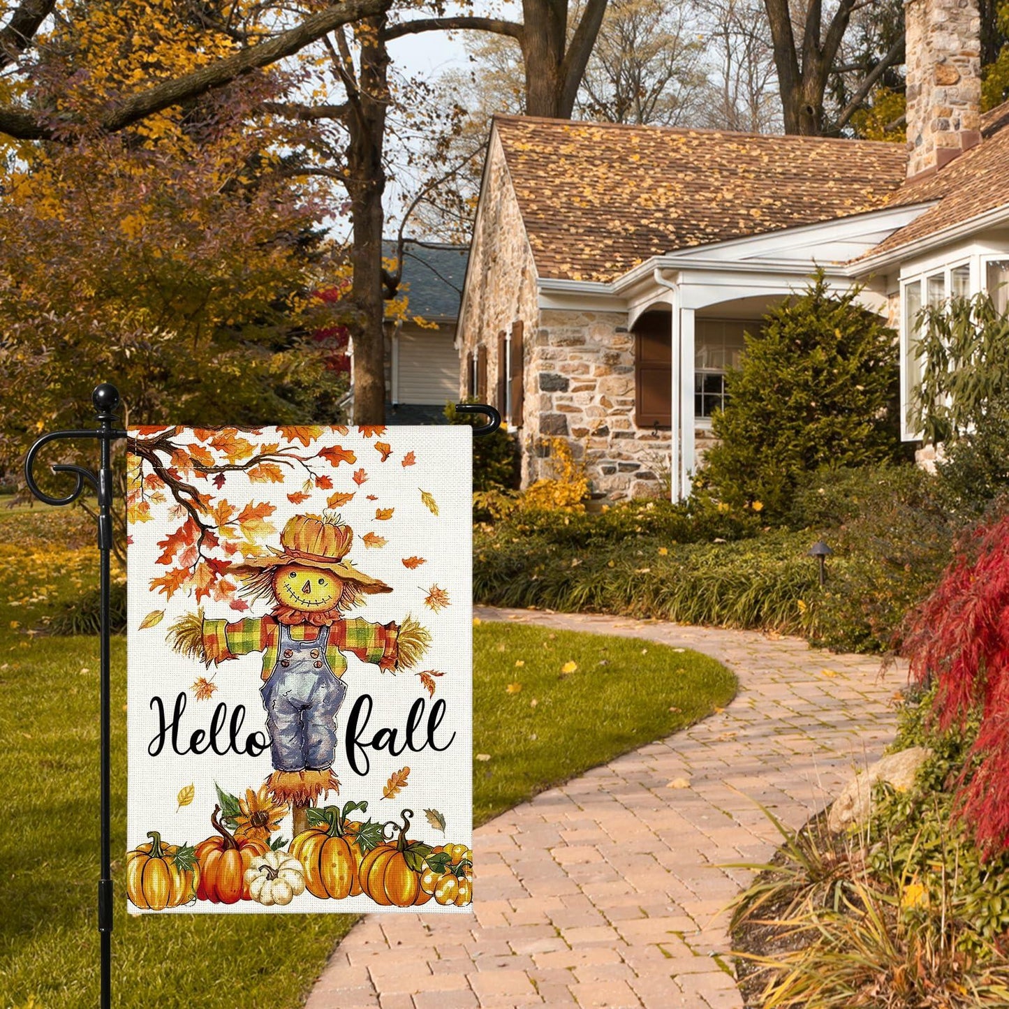 Artscope Fall Maple Leaves Scarecrow Pumpkin Garden Flag 12x18 Inch Polyester