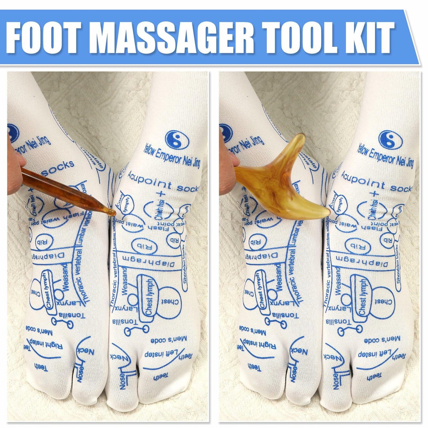PEUTIER 2 Pairs Reflexology Socks Set White Amber with Tool Acupuncture Charts