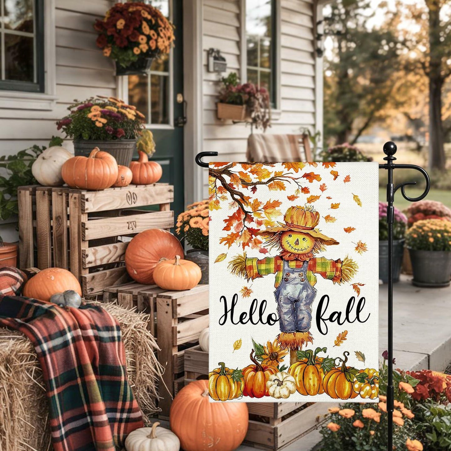 Artscope Fall Maple Leaves Scarecrow Pumpkin Garden Flag 12x18 Inch Polyester