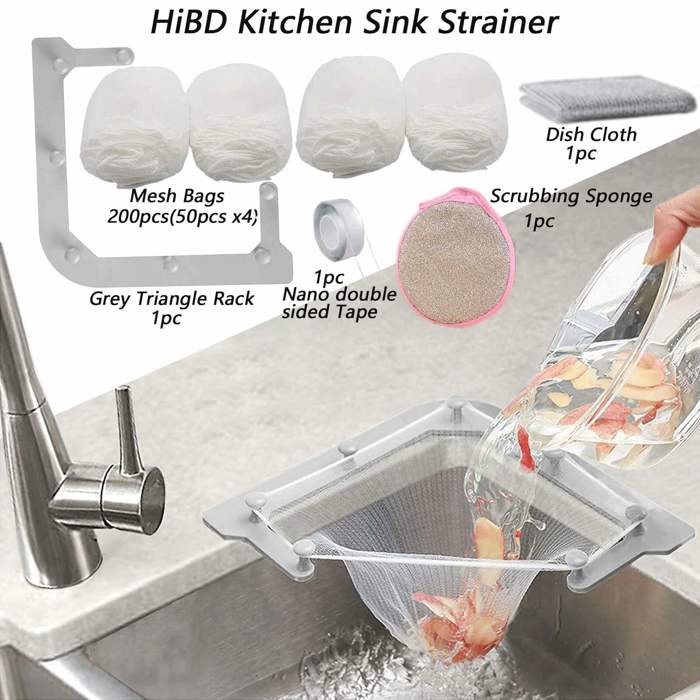 HiBD Kitchen Sink Triangle Tri-Holder Strainer Gray Rack 200PCS Mesh Bags