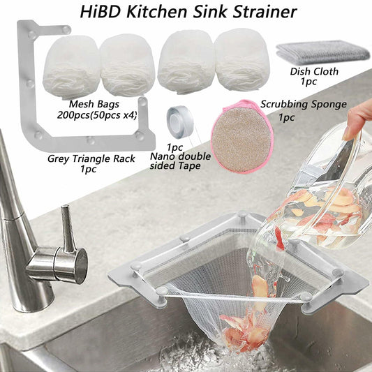 HiBD Kitchen Sink Triangle Tri-Holder Strainer Gray Rack 200PCS Mesh Bags