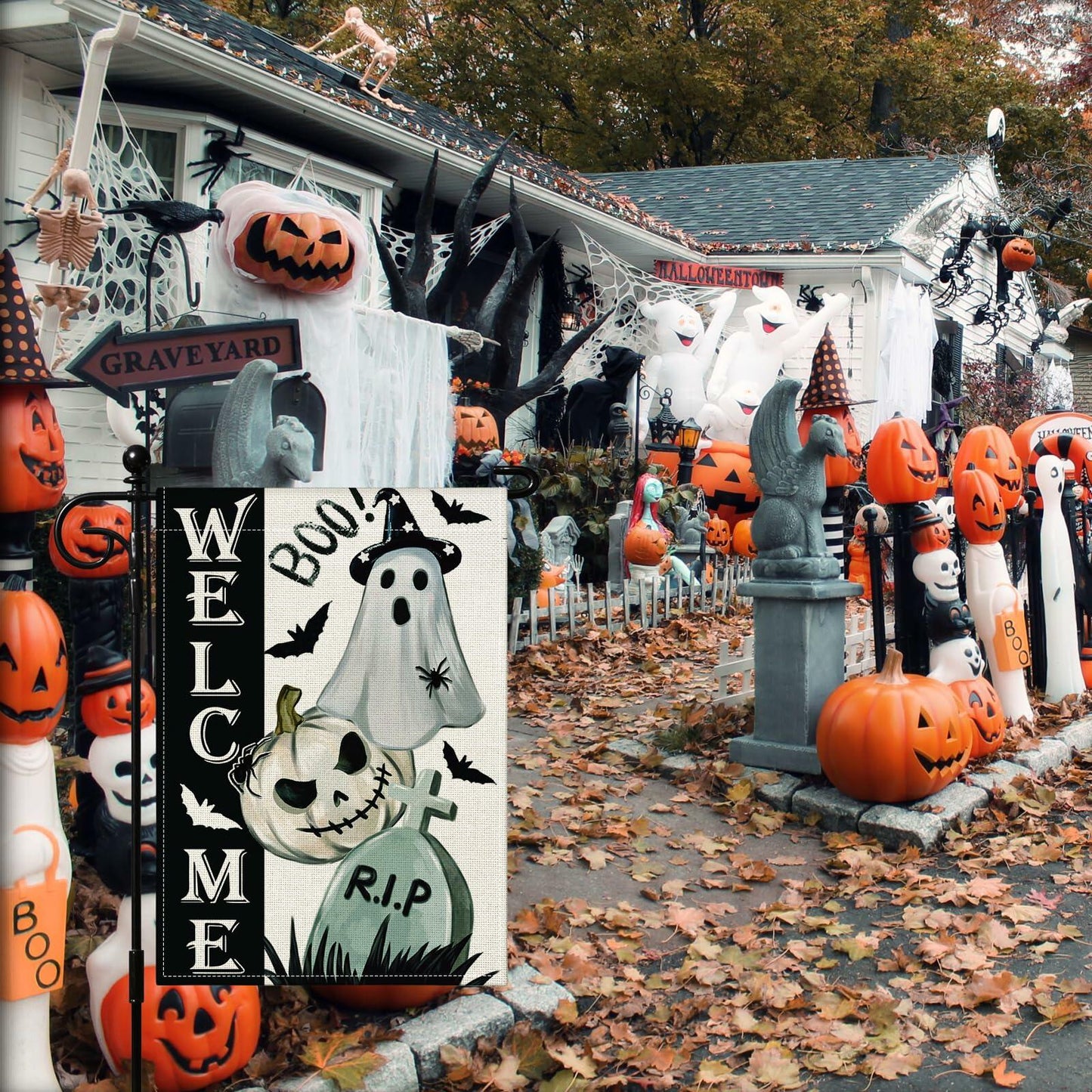 Artscope Halloween Ghost Pumpkin Tombstone Garden Flag 12x18 Inch