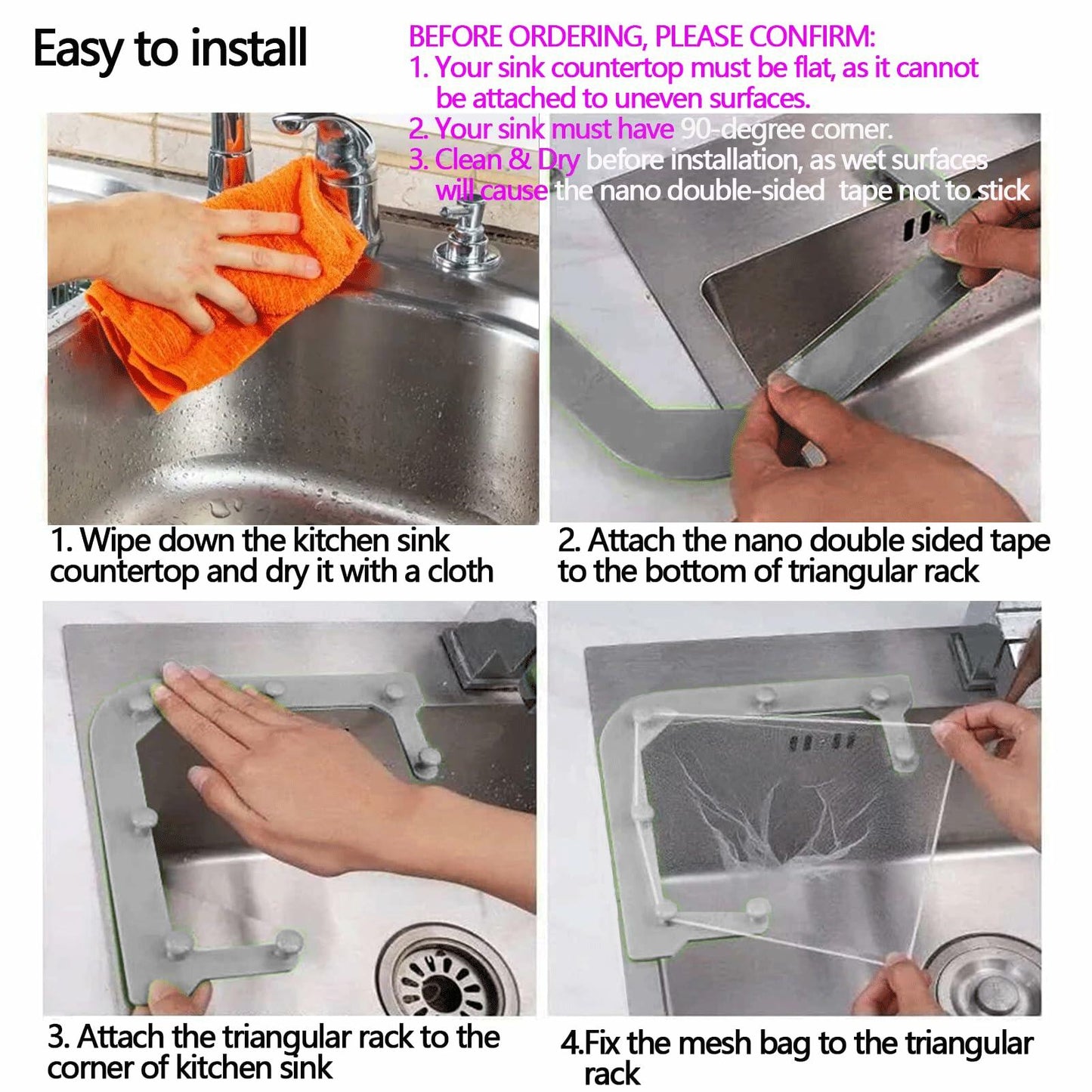 HiBD Kitchen Sink Triangle Tri-Holder Strainer Gray Rack 100PCS Mesh Bags