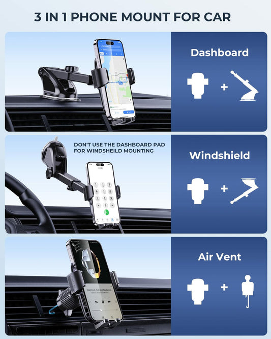 QAB Car Phone Mount Windshield Holder Military-Grade Suction Black