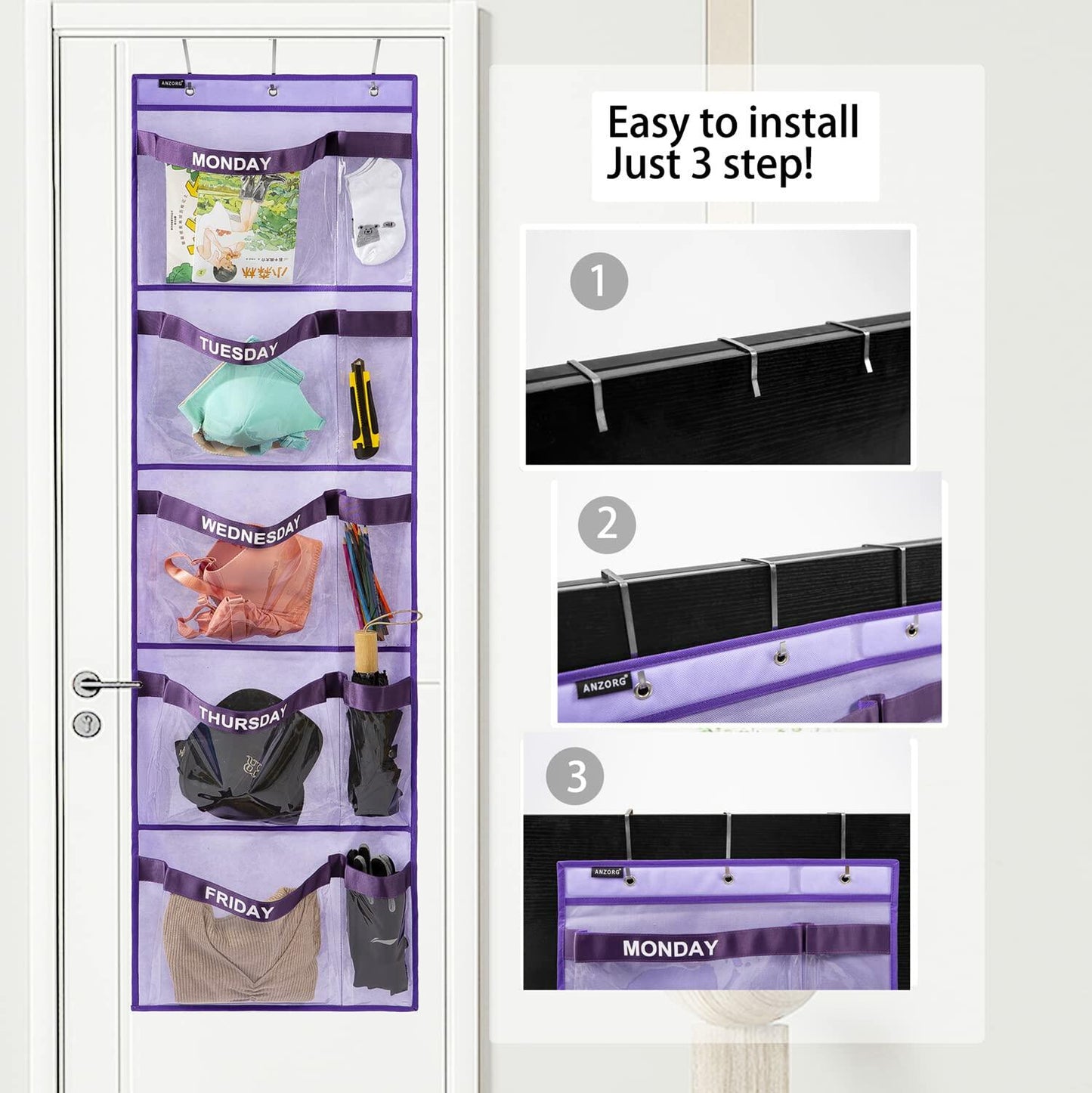 ANZORG Hanging Closet Organizer Kids Weekly Clothes Storage Purple