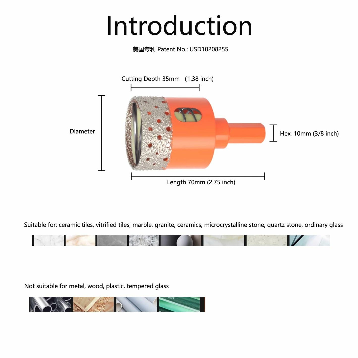Diamond Core Drill Bit 2" Brazed Hole Saw for Tile Glass Porcelain Marble
